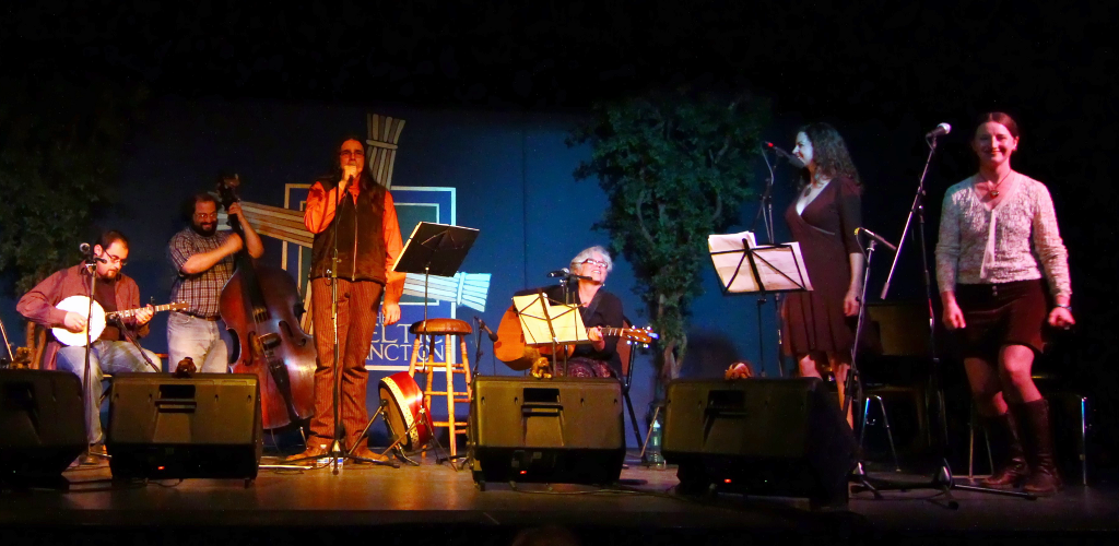 The Slight Exaggerations performing on stage with upright bass, banjo, and accordion