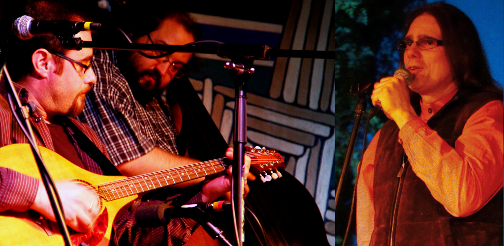Guitar and mandolin players performing, with Shawn McBurnie singing